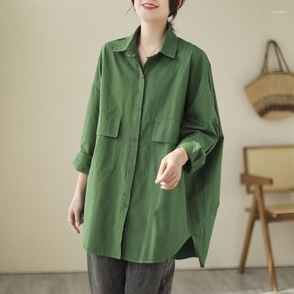 Женские блузки 2023 Корейские модные рубашки хлопковые тунические топы женщина весенняя осень женщина с длинным рукавом повседневная сплошная кнопка Q412