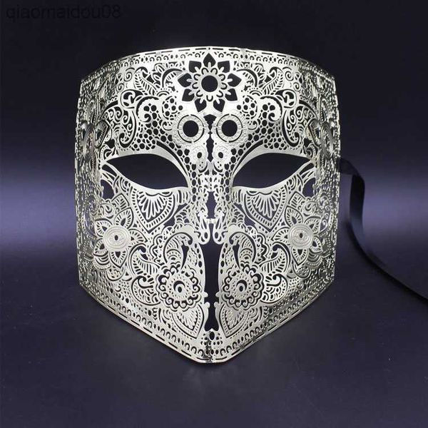 Ouro Prata Cor Full Face Bauta Phantom Cosplay Masquerade Masquerade Black Metal Skull Shield Mardi Gras Joker Party Mask L230704