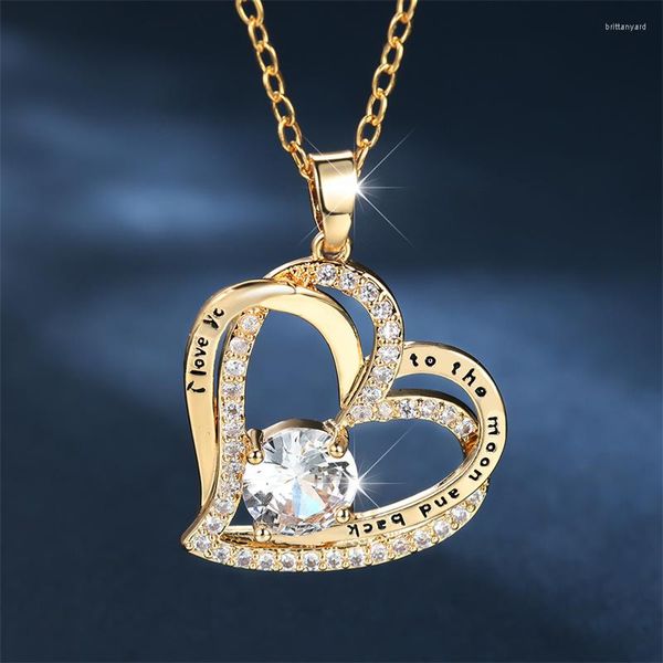 Collane con ciondolo Carino doppio strato di cristallo femminile Love Hear Collana Colore oro Pietra bianca Matrimonio