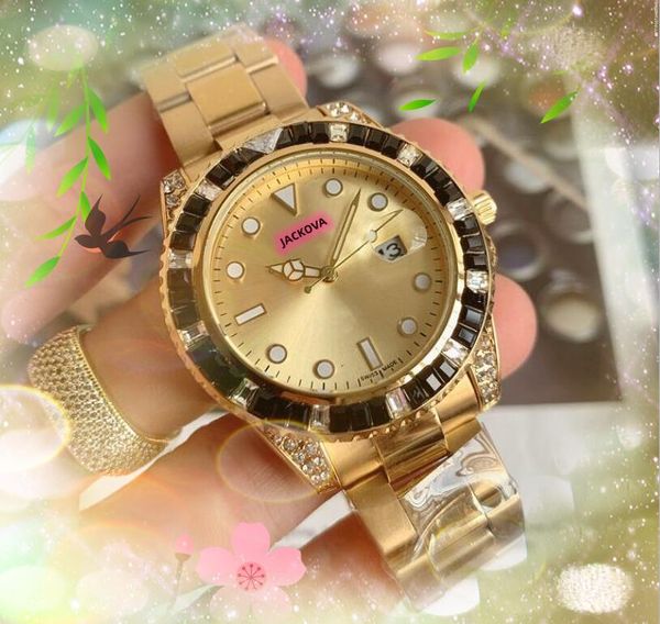 Orologi di lusso in acciaio inossidabile solido e pregiato 41mm Starry Colorful Rainbow Diamonds Anello Orologio Movimento al quarzo Uomini nobili ed eleganti orologi da polso in argento oro rosa