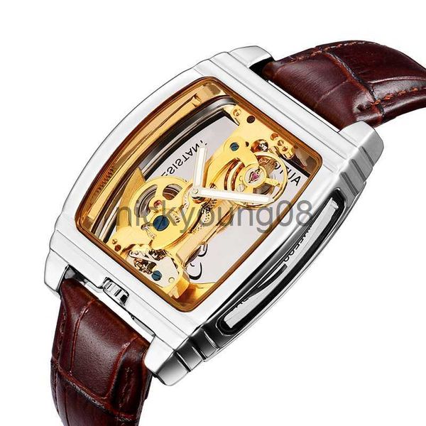 Orologi da polso di lusso trasparente automatico meccanico da uomo Steampunk Skeleton Gear orologio da uomo in pelle a carica automatica es montre homme 0703