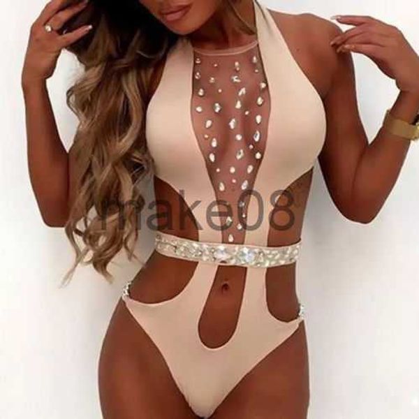 Roupa de banho feminina biquíni maiô uma peça mulher 2023 sexy halter oco bandagem pedras preciosas retalhos sem costas push up praia monokini maiô j230704