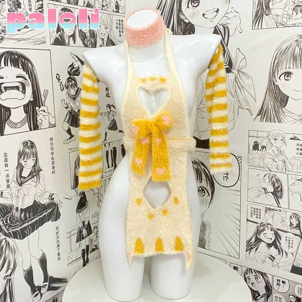 Sexy Set Paloli Sexy Lingerie Gatto Costume Cosplay Giallo Petto Aperto Gatto Grembiule Maglione Kawaii Scava Fuori Catwoman Vestito Anime Vestiti 2022HKD230703