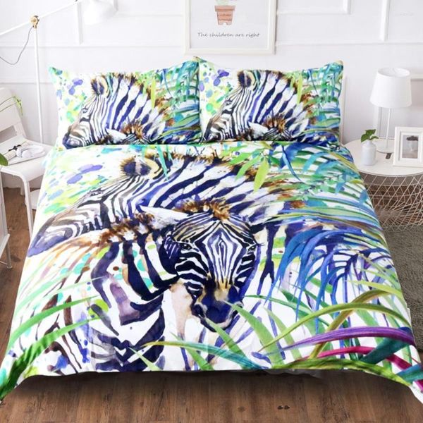 Set di biancheria da letto Stampa Acquerello Pittura a olio Set copripiumino Zebra 2/3 pezzi Foresta pluviale tropicale Foglie Piumino modello animale