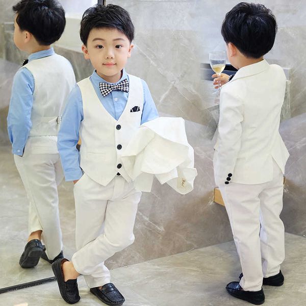 Anzüge Kinder Formale Weiße Kleid Anzug Set Blume Jungen Hochzeit Party Leistung Kostüm Kinder Blazer Weste Hosen Hemd Krawatte ClothesHKD230704