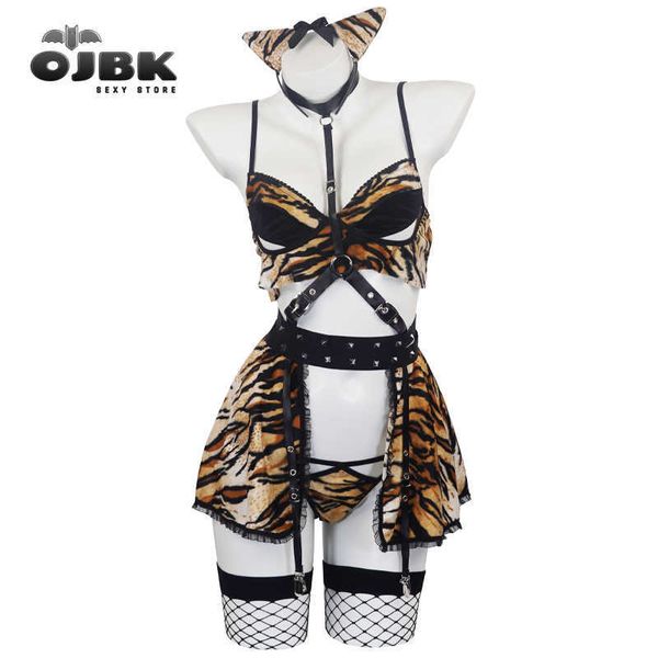 Sexy Set OJBK 6PCS Frauen Katze Anzug Overall Bodysuit Erwachsene Rollenspiel Kostüme Sexy Dessous Set Nachtwäsche Bandage Halloween Wildcat CosplayHKD230703