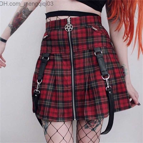 Röcke Rosetic Frauen Röcke Sommer Schwarz Punk Rock Gothic Sexy Chic A-Linie Hohe Taille Einfarbig Gürtel Knopf Mädchen Vintage Plaid Röcke Z230704