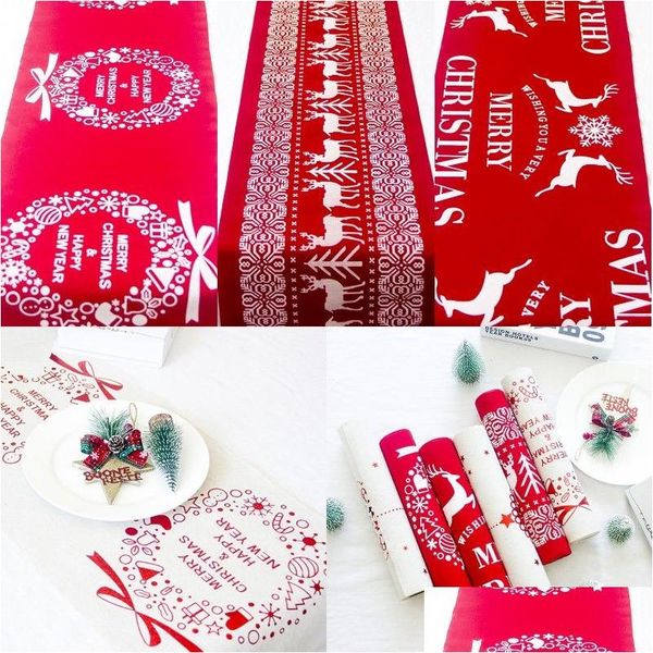 Runner da tavola Tovaglia di cotone di Natale Fiocco di neve Alce Stampato Rosso Bianco Cartone animato Natale Decorazione desktop per la casa Drop Delivery Hom Dhoms