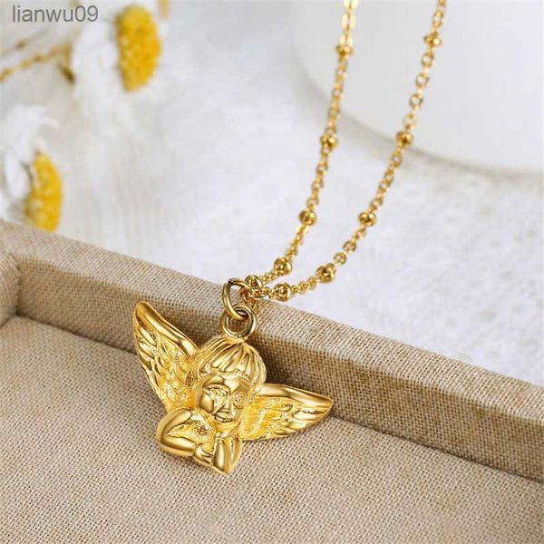 Hot New Selling Mini Acciaio inossidabile Vintage Cherubino Baby Angel Heaven Wings Micro Pen Collana a catena Regalo gioielli estetici L230704