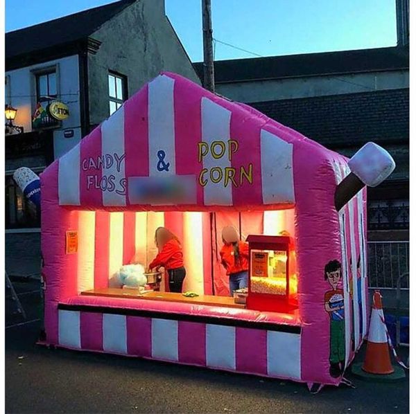4.4x2.8m pembe beyaz şişme imtiyaz çadırı özelleştirilmiş dış mekan etkinlikleri hava üflemeli şeker ipi booth karnaval dondurma evi tanıtım ve reklam için
