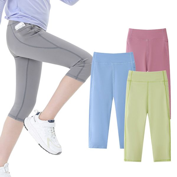 Kinder Kinder Elastizier Sport Leggings Mädchen Yoga Hosen Sommer Süßigkeiten Farbe Fitness tragen Fitnessstudio -Hosen Skinny atmable Side Taschen Kurze Hai Pant Z008