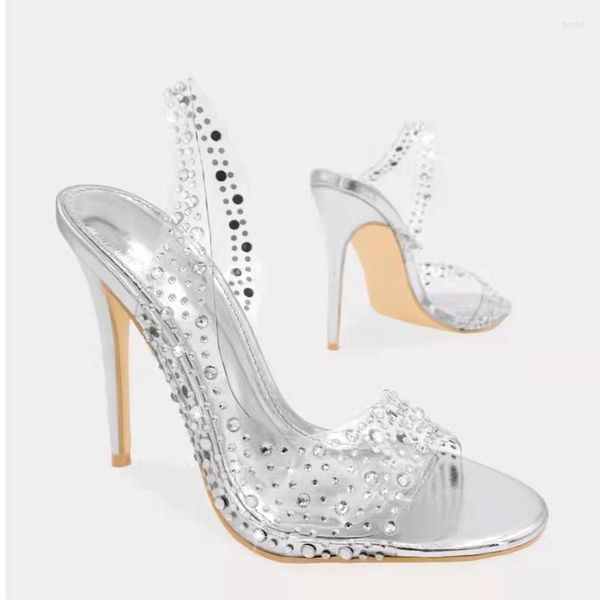 Scarpe eleganti Sandali da donna 2023 Lusso Champagne Argento Oro Cristallo Sposa Tacchi alti Strass Party Designer Zandalias De Mujer