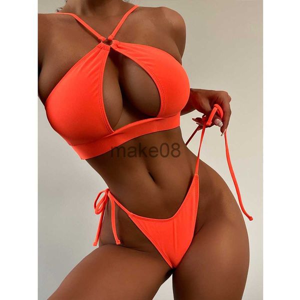 Roupa de banho feminina 2023 sexy biquíni laranja oco push up maiô de duas peças feminino halter bandagem sem costas tanga roupa de banho verão moda praia novo j230704