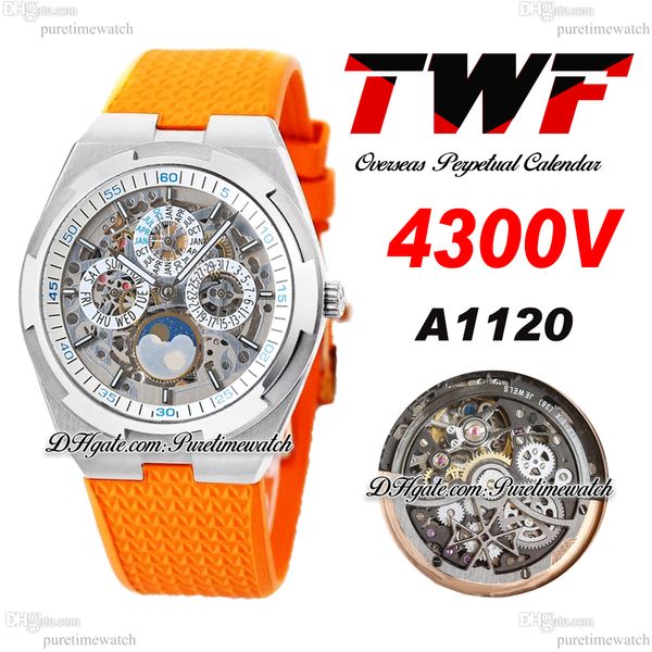 TWF Overseas Perpetual Calendar Moonphase 4300V A1120 Relógio masculino automático Aço Branco Esqueleto Dial Laranja Borracha Super Versão Reloj Hombre Edição Puretime B07