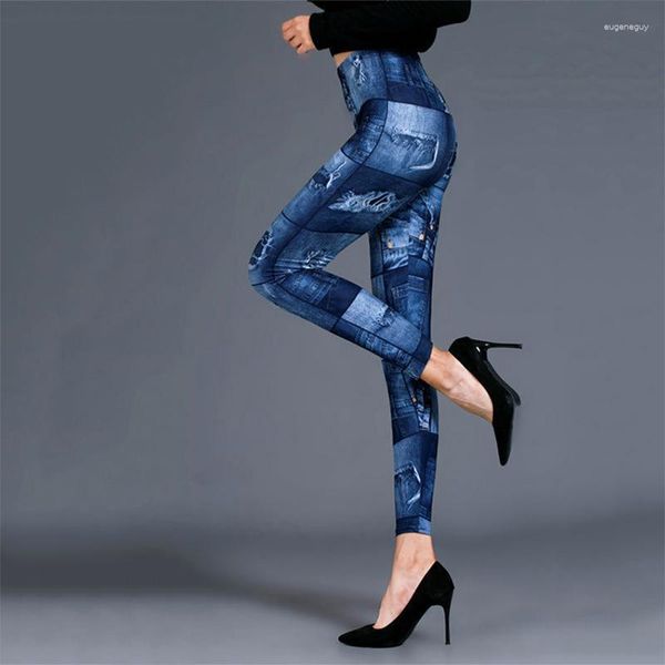 Leggings femininas fashion supermacias jeans de seda com estampa azul fitness leggins sexy na altura do tornozelo para mulheres