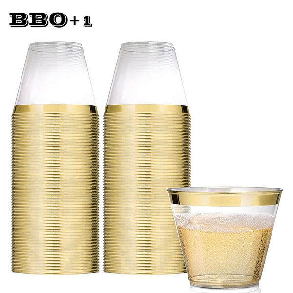 Canecas 25/50/100 pçs Copos plásticos descartáveis com aro dourado 9 OZ Copos para festa de casamento Copos dourados bronzeadores para beber em massa Festa de Natal 230704