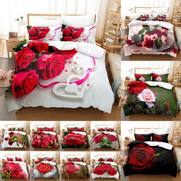 Conjuntos de roupa de cama conjunto de capa de edredom flor cama de casal solteiro rosa vermelha colcha fina 3d edredom 3 peças 2 peças tamanho king casamento completo
