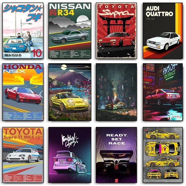 80's Steam Neon Light Canvas Painting Jdm Car Poster and Picture Decoração estética Golf Gtr Wall Art Animation Car City Living Room Decor Gift For Friend w06