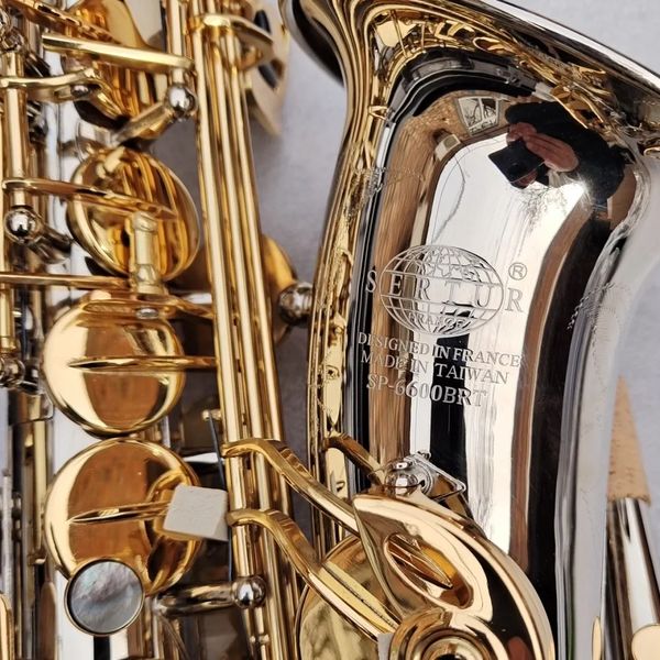 Professionelles Altsaxophonmodell 6600BRT, vernickelter Silberkorpus, goldene Tasten, doppelt geripptes, verstärktes Holzblasinstrument mit Zubehör und Koffer