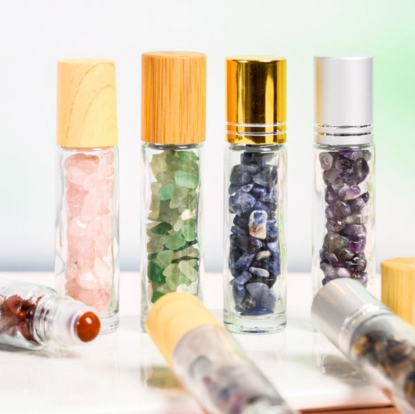 Premium 10ml Esansiyel Yağ Roller Şişesi Ahşap Tahıl Kapak Parküm Alt Bottling Kristal ve Taş Silindir Flakonları Çeşitli Stiller Özelleştirilebilir Logolar