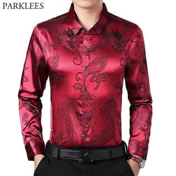 Мужские повседневные рубашки вино красная гладкая шелковая атласная рубашка мужская китайская дракон Жаккард Мужские Слим Фет с длинным рукавом пуговица рубашки с рубашками. Химиз 4xl Z230707