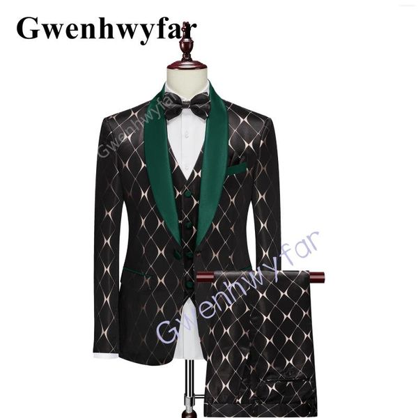 Abiti da uomo Gwenhwyfar Business Risvolto verde scuro Tendenza moda uomo 3 pezzi Sposo Matrimonio Groomsmen Tessuto stampato premium Blazer nero