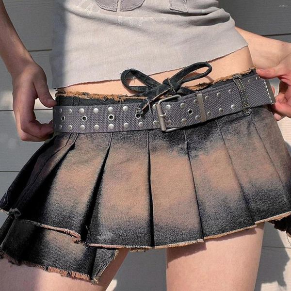 Röcke Y2K Frauen Kurze Mini Plissee Denim Unregelmäßige Spitze-Up A-linie Mode Europäischen Sommer Grunge Streetwear