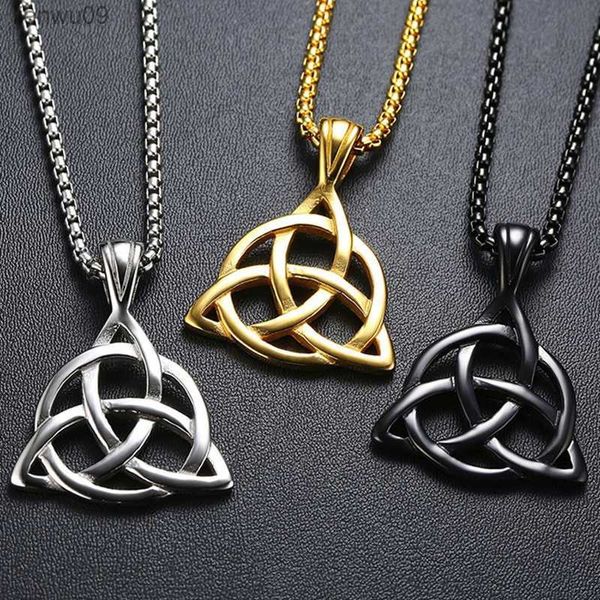 Erkek Takı Şanslı Triquetra Üçlü Knot Charm Kolye Kolye Erkekler Paslanmaz Çelik İrlandalı Zincir Kolye Vintage Takı L230704