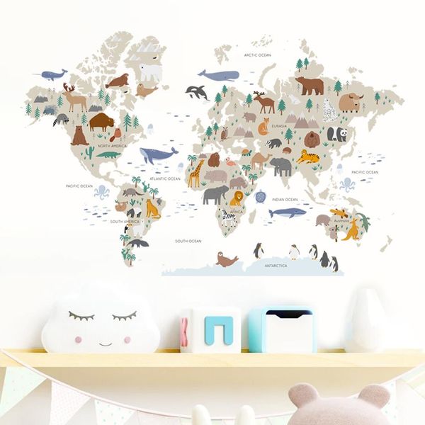 Costom desenho animado mapa do mundo grande animais animais selvagens Aquarela adesivos de parede de vinil Decalques de parede de vinil Prind Kids Room de jogos de jogos interiores Decoração de casa