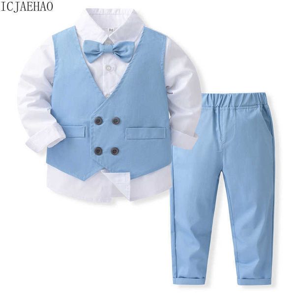 Anzüge, formelle Hosen, Kinderkleidung, Jungenanzug, elegante Kleidung, blaues Baby-Jungen-Outfit, passendes Gentleman-Hemd, Krawatte, Weste, 3-teiliges Set, KindergeburtstagHKD230704