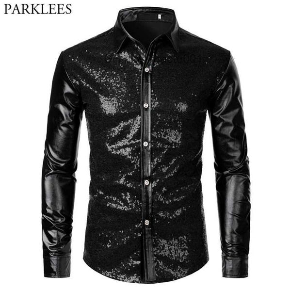 Männer Casual Hemden Schwarz Pailletten Glitter Kleid Hemd Männer Glänzende Langarm Button Down 70er Jahre Party Tanz Männlich Weihnachten Halloween Kommen Z230707