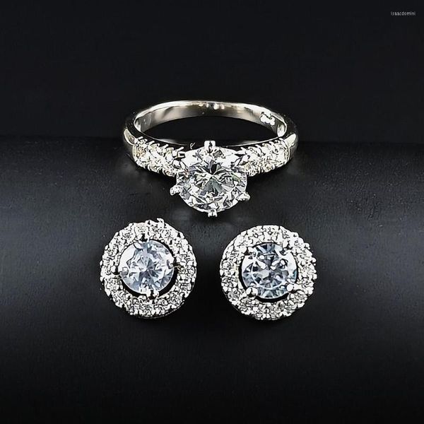 Cluster Ringe 2023 Ankünfte Ring Ohrringe Set 925 Sterling Silber Für Frauen Runde 7mm Zirkon Großhandel Engagement Hochzeit Schmuck