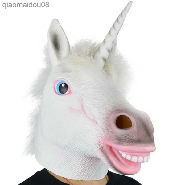 Unicorn Horse Cadılar Bayramı Maskeleri Ürpertici Parti Deluxe Yenilik Kostüm Partisi Cosplay Prop Lateks Kauçuk Ürpertici Kafa Tam Yüz Maskesi L230704