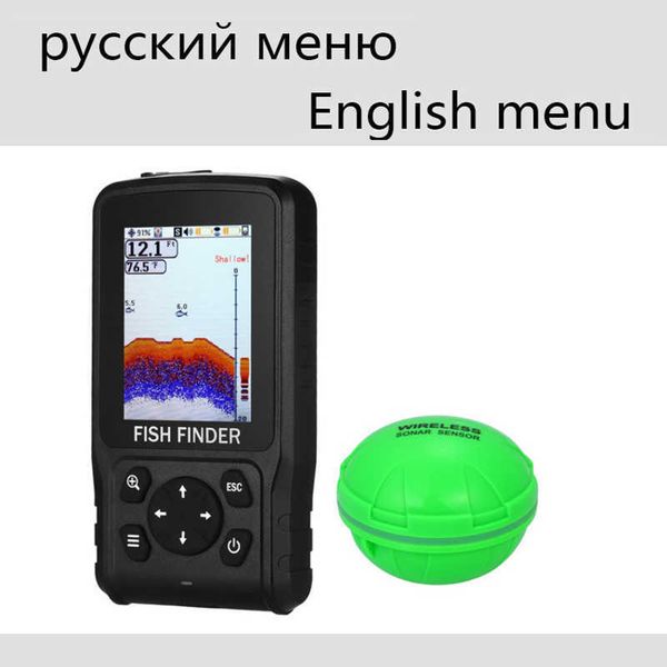 Balık bulucu İngilizce/Rus 200eter Renkli Kablosuz Balık Bulucu Dot Matrix Sonar Sensör Dönüştürücü Derinlik Yankı Seser Şarjlı Pil HKD230703