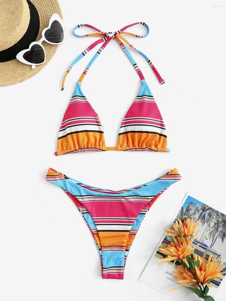 Costumi da bagno da donna Zaful 2023 Strisce colorate Abiti a due pezzi a gamba alta Bikini a costine sfacciato a righe