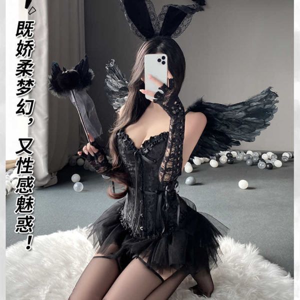 Seksi Set Kadın Şeytan Cosplay Lingerie Bandage Yelek Mini Bistirt Set Anime iç çamaşırı Dantel Sıkı Üst Siyah Melek Demon Rollama Kostümleri Newhkd230703