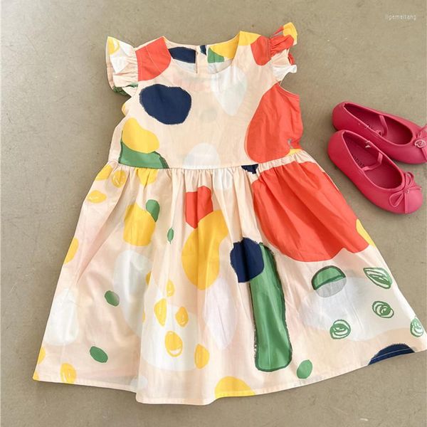 Kız Elbise Deer Jonmi 2023 Yaz Bebek Bebek Geometrik Desen Elbise Kovan Renkli Baskılı Çocuklar Şık Yeni yürümeye başlayan çocuklar çocuk giysileri