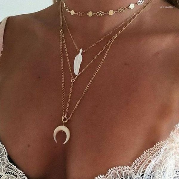 Colares com Pingente de Moeda Gótica Gargantilha Colar de Penas Lua em Camadas para Mulheres Cor Dourada Collier Femme Jóias Boêmias