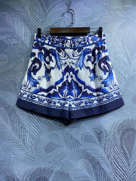 Pantaloncini da donna Summer Women Cotton White And Blue Porcelain Printing Pantaloni corti High Street