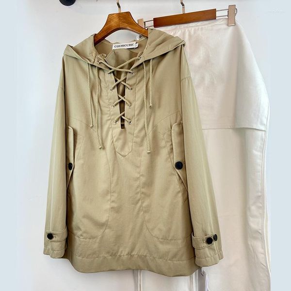 Trench Coats Feminino 2023 Primavera Khaki Casaco com Capuz Moda Feminina Vintage Cordão Solto Jaqueta Corta-vento Feminino Casaco Casaco Manto