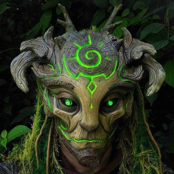 Máscara Led Espírito Verde Floresta Árvore de Halloween Velho Sábio Zumbi Máscara Fantasma Assustadora Máscara Demônio Arrepiante Adereços de Festa de Carnaval L230704