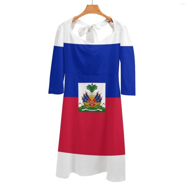 Vestidos casuais Bandeira do Haiti nas costas Vestido sem costas Decote quadrado Festa à noite Midi Sexy Banner Estado internacional
