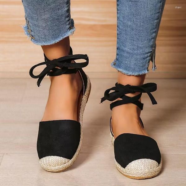 Sandalen 2023 Sommermode Damen Freizeitschuhe Flache Schnürung Leinwand Strand Römischer Bequemer Fischer Stroh Riemchen