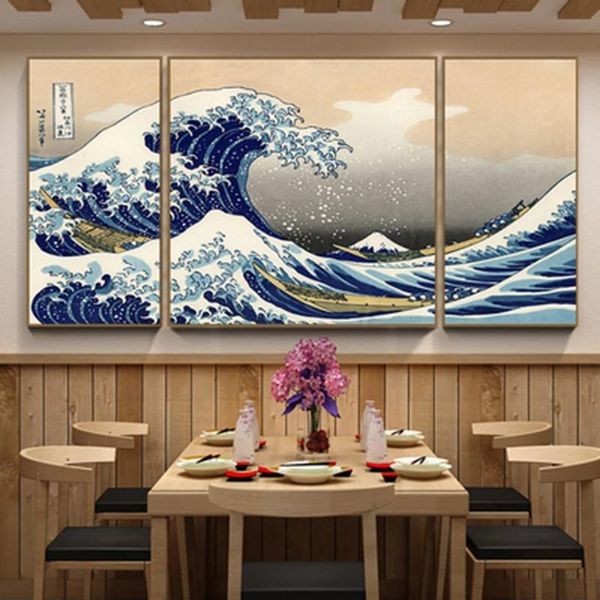 Стеллажи 3 панели волна Канагава холст картины японский стиль традиционные классические знаменитые постеры винтажный морской пейзаж настенная картина декор