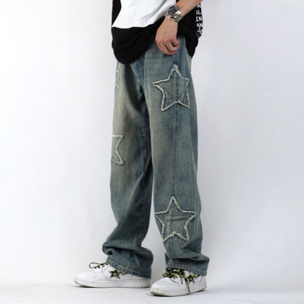 Pantaloncini da uomo Street Retro Hip-hop Stella a cinque punte Jeans ricamati in tessuto Pantaloni larghi dritti da uomo e da donna Ins Abbigliamento uomo JEANS 230703