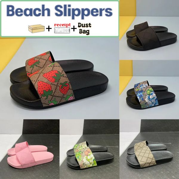 Con scatola Pantofole da spiaggia Scivoli a strisce Scarpe di gomma Ape Tela Fiori verdi Matelasse Scivolo in raso rosso Fiocco Web Stampa fragola Uomo Donna ZS 9521