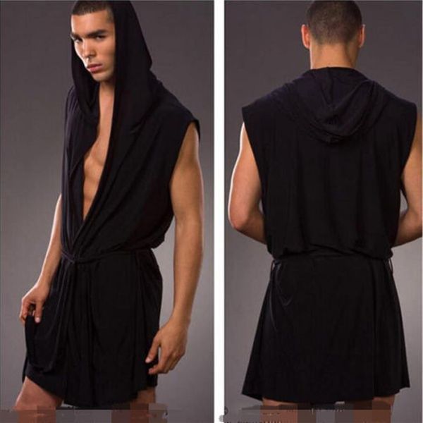 Robe quimono com capuz verão sexy 2 em 1 para homem gelo seda sem mangas pijama roupão de banho roupa de ioga 292 m