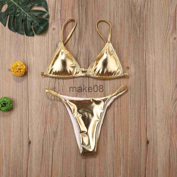 Damen-Bademode 2020 Damen-Bikini-Set in Gold, heißer Sommer, sexy, gepolsterter Triangel-BH, Badehose mit niedriger Taille, modischer, glänzender Badeanzug, Strandmode, J230704