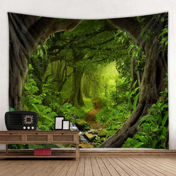 Wandteppiche, grüner Dschungel-Wandteppich, schöner natürlicher Wald, großer Wandbehang, Hippie-Mandala, Wandkunst, Heim- und Wohnzimmerdekoration