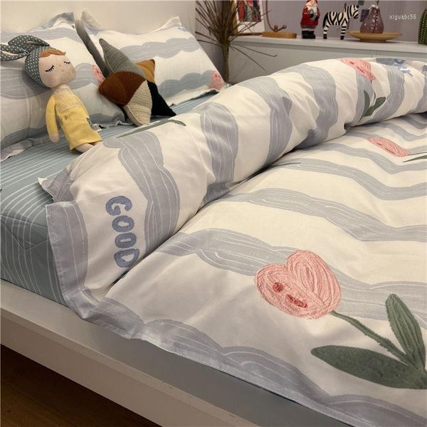 Conjuntos de cama estilo simples conjunto de listras azuis floral linho de cama solteiro solteiro completo king size fronha de lençol plano para meninas mulheres